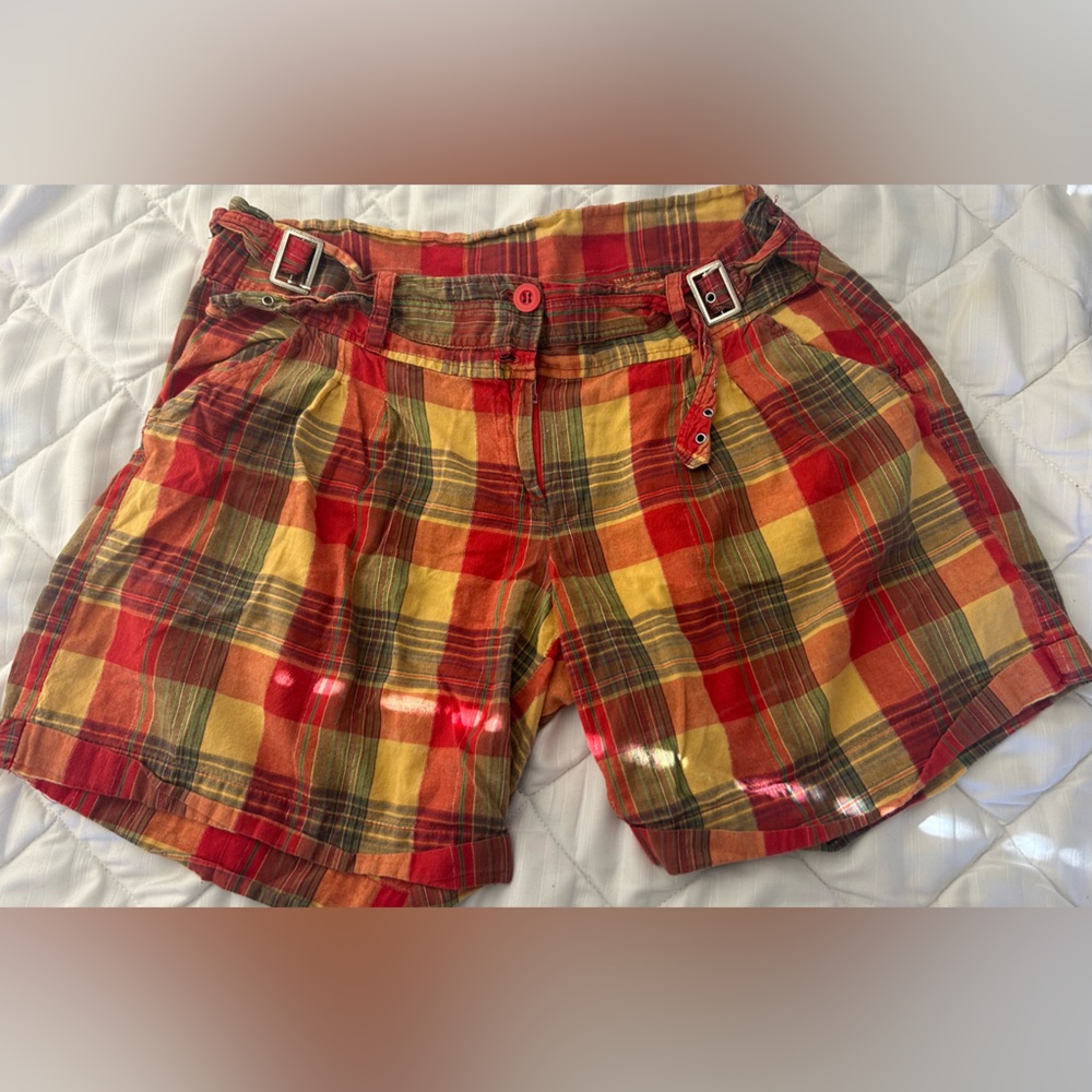 Plaid Cotton Blend Women's Shorts in Red & Yellow